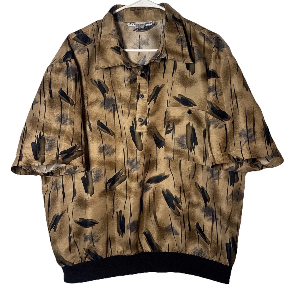 Vintage Irvine Park‎ XL Abstract Print Blouse Banded Hem Brown Black 90s Top
